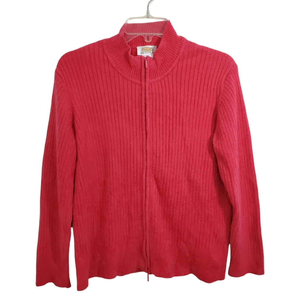 NWT Talbots Chenille Texture Zip Front Cardigan Sweater Knit Pink Size Large